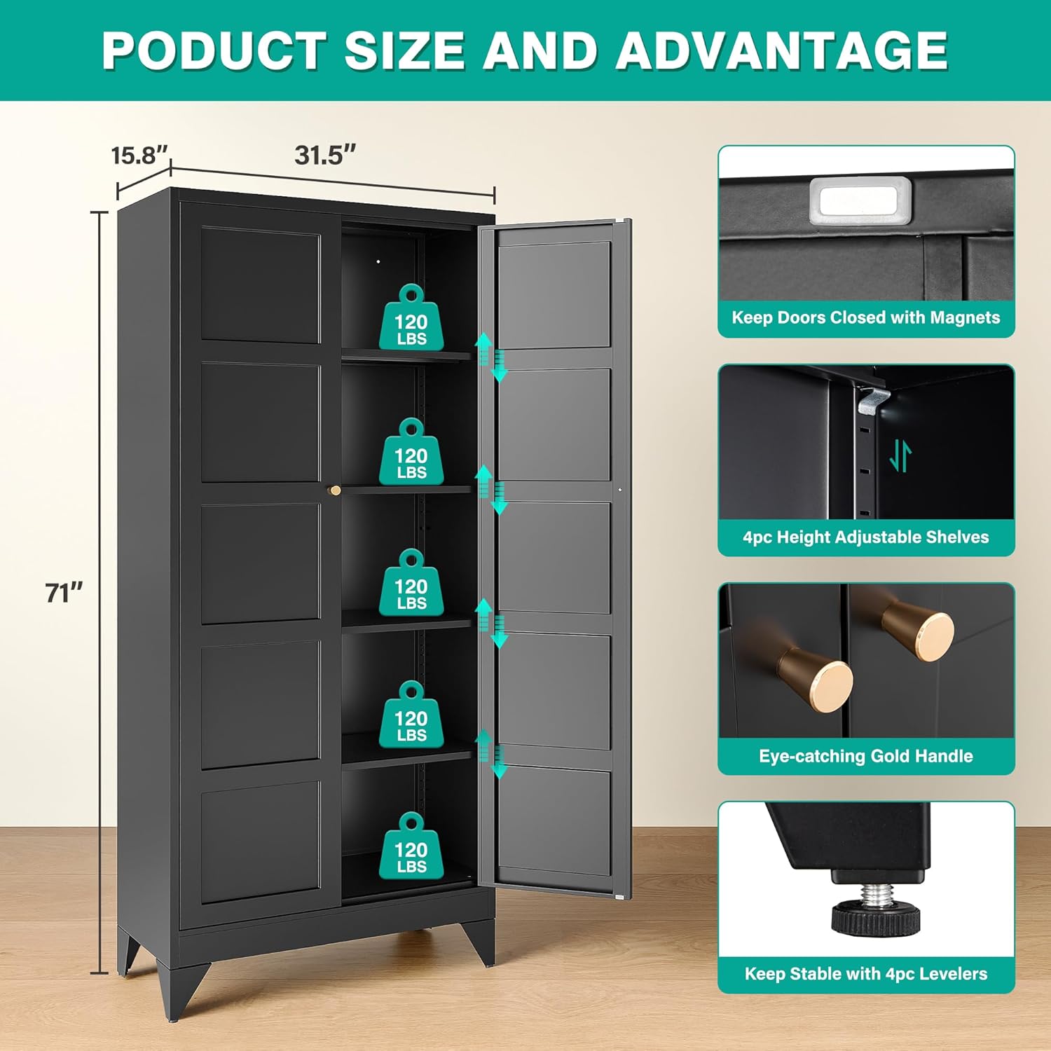 Metal Storages Cabinet with 2 Doors and 5 Shelves,Tall Storage Cabinet,Large Cupboard Closet,Pantry
