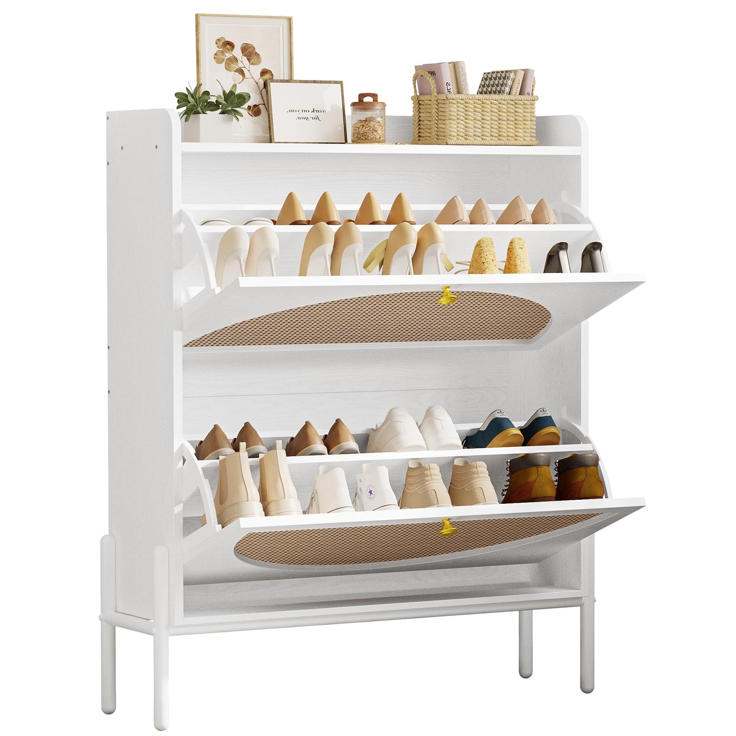 IRONCK Rattan Shoe Cabinet Storage with 2 Flip Drawers, White