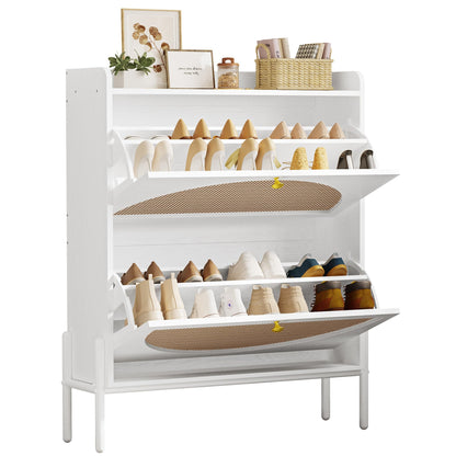 IRONCK Rattan Shoe Cabinet Storage with 2 Flip Drawers, White