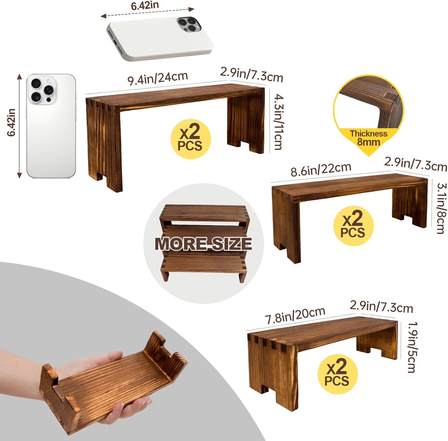 Display Wood Risers Wooden Stand 3 Tier Wood Racks Decorative Rectangular, 2 Set 6 Piece Cupcake