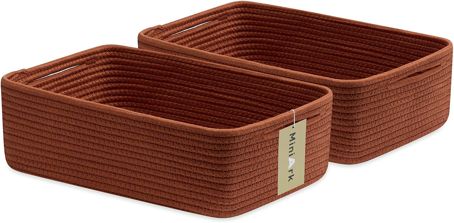 Large Shallow Organizing Baskets 15x11x5.1 Inches - Rope Woven Storage Bins for Bathroom, Shelves