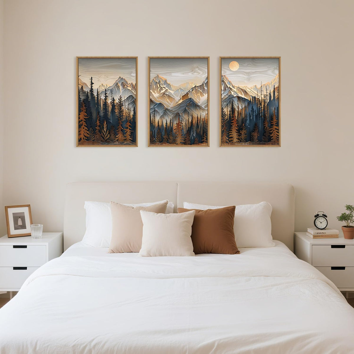 Celestdeco Wood Mountain Framed Canvas Wall Art Set, Pine Trees Wall Painting, Ridge Scenery Wall