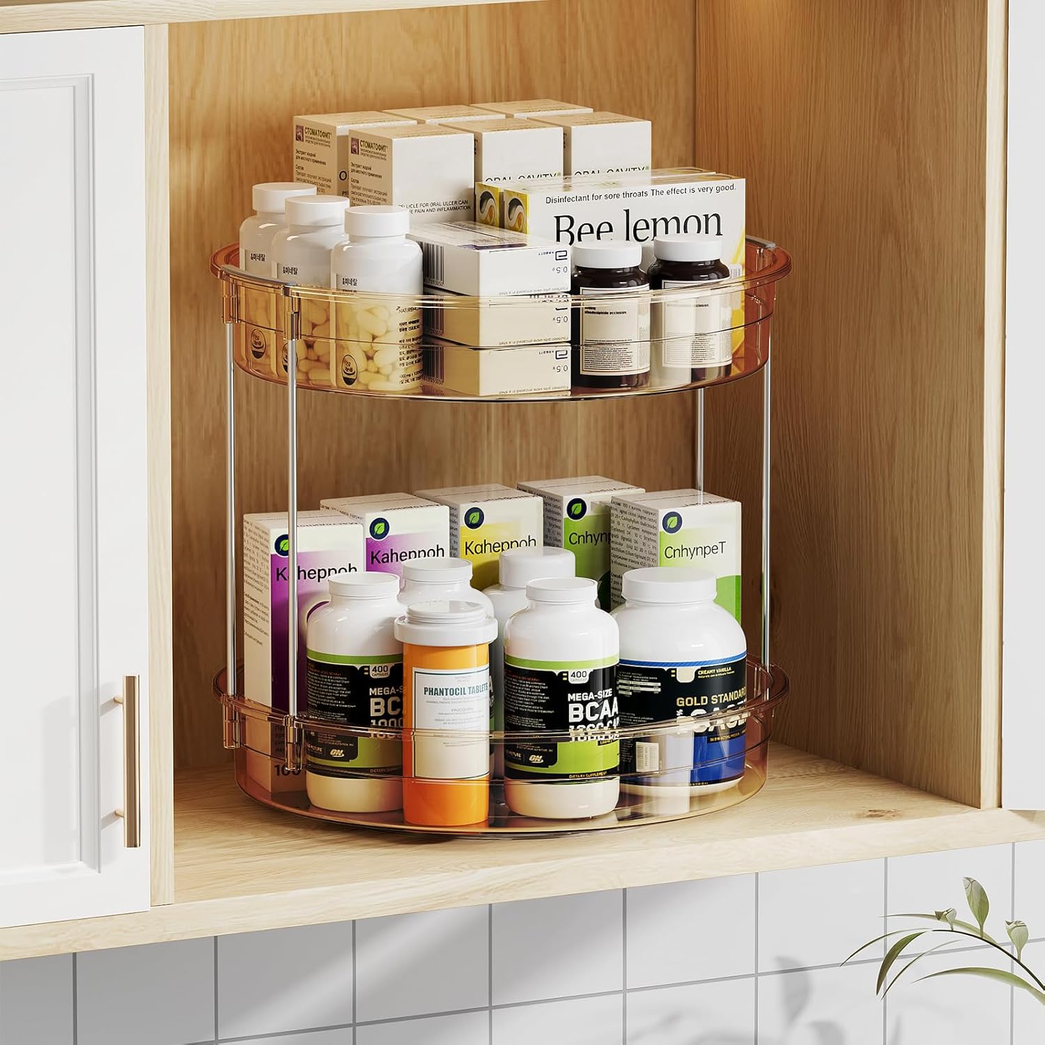 LAMU 12inch 2 Tier Lazy Susan Turntable Organizer Rotating Spice Rack Organization for Cabinet