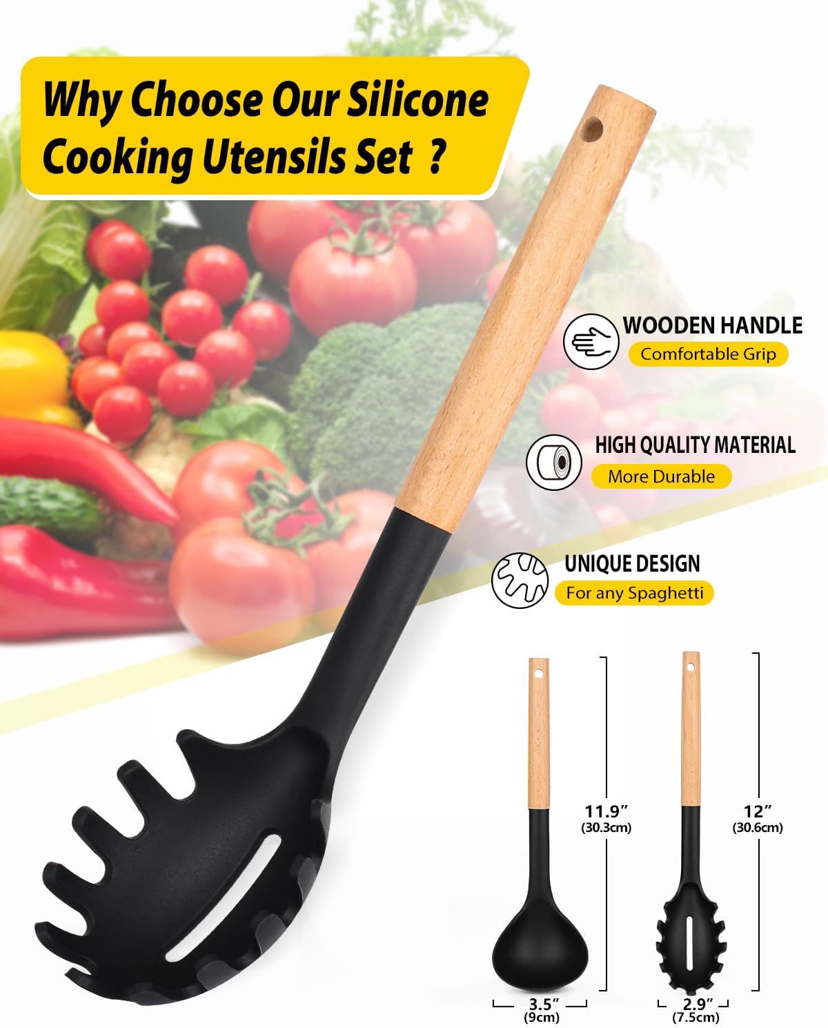 Silicone Pasta Fork and Ladle Spoon Set with Wooden Handle, Heat Resistant Non Stick Kitchen