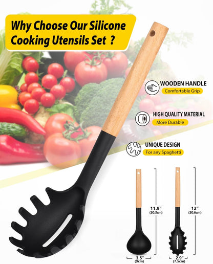 Silicone Pasta Fork and Ladle Spoon Set with Wooden Handle, Heat Resistant Non Stick Kitchen