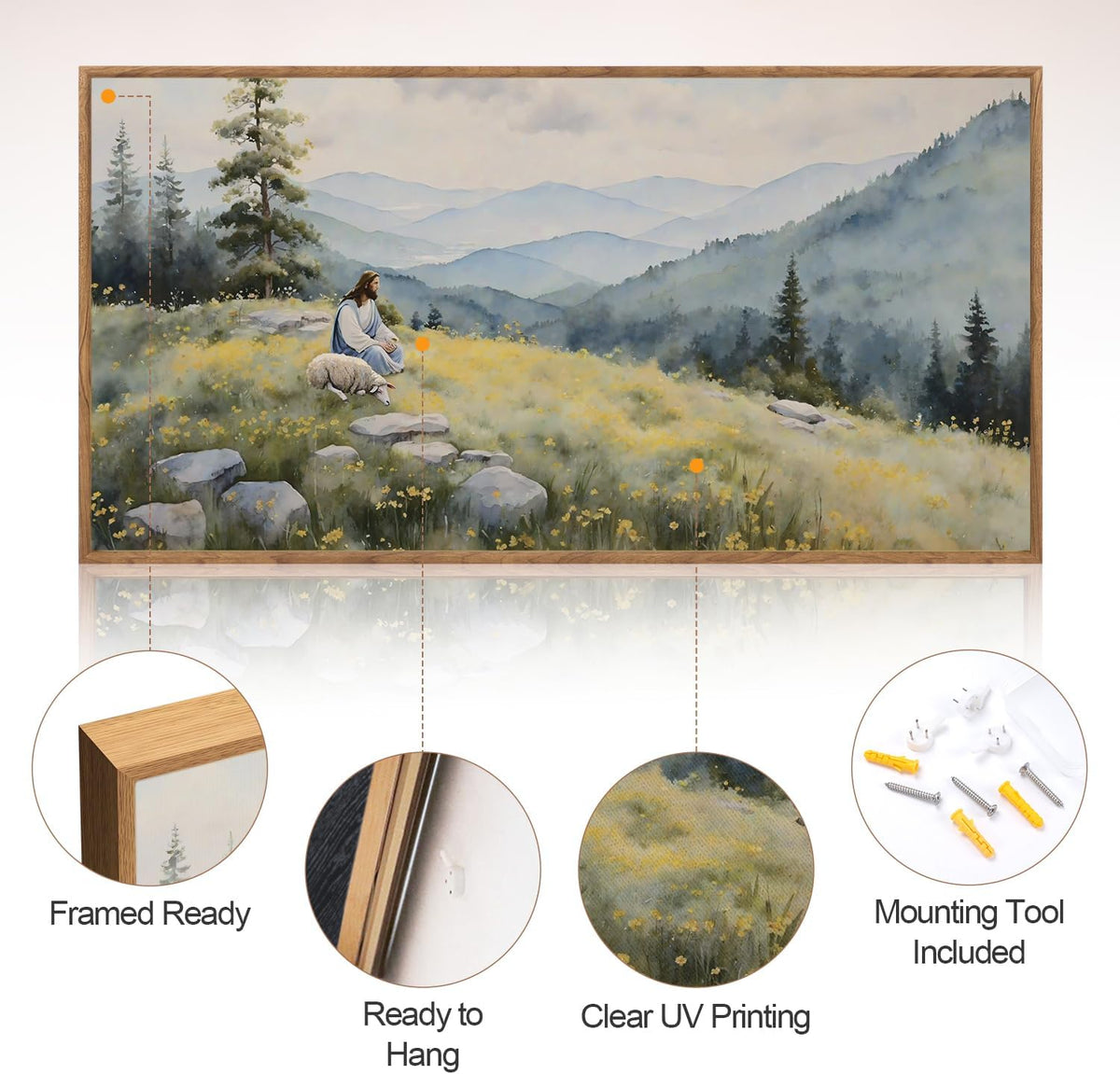 Aurlan Christian Jesus with Lost Sheep Wall Art(40"x20"), Boho Religious Lamb The Good Shepherd