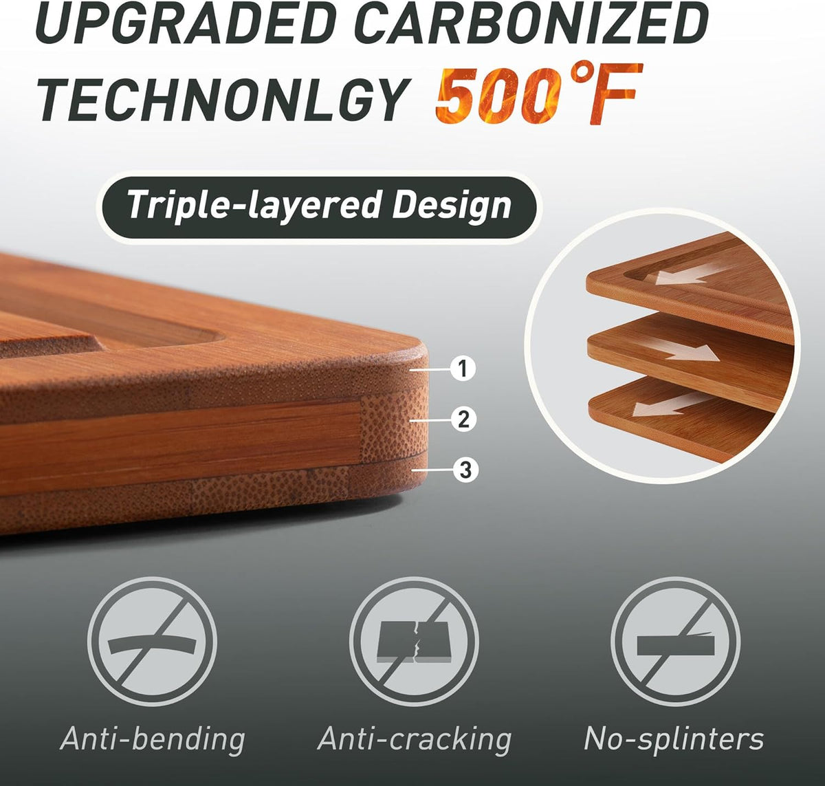 3 Packs Bamboo Cutting Board Set with Non Slip Feet Holder and Over Sink Nice Solid Thick Wood