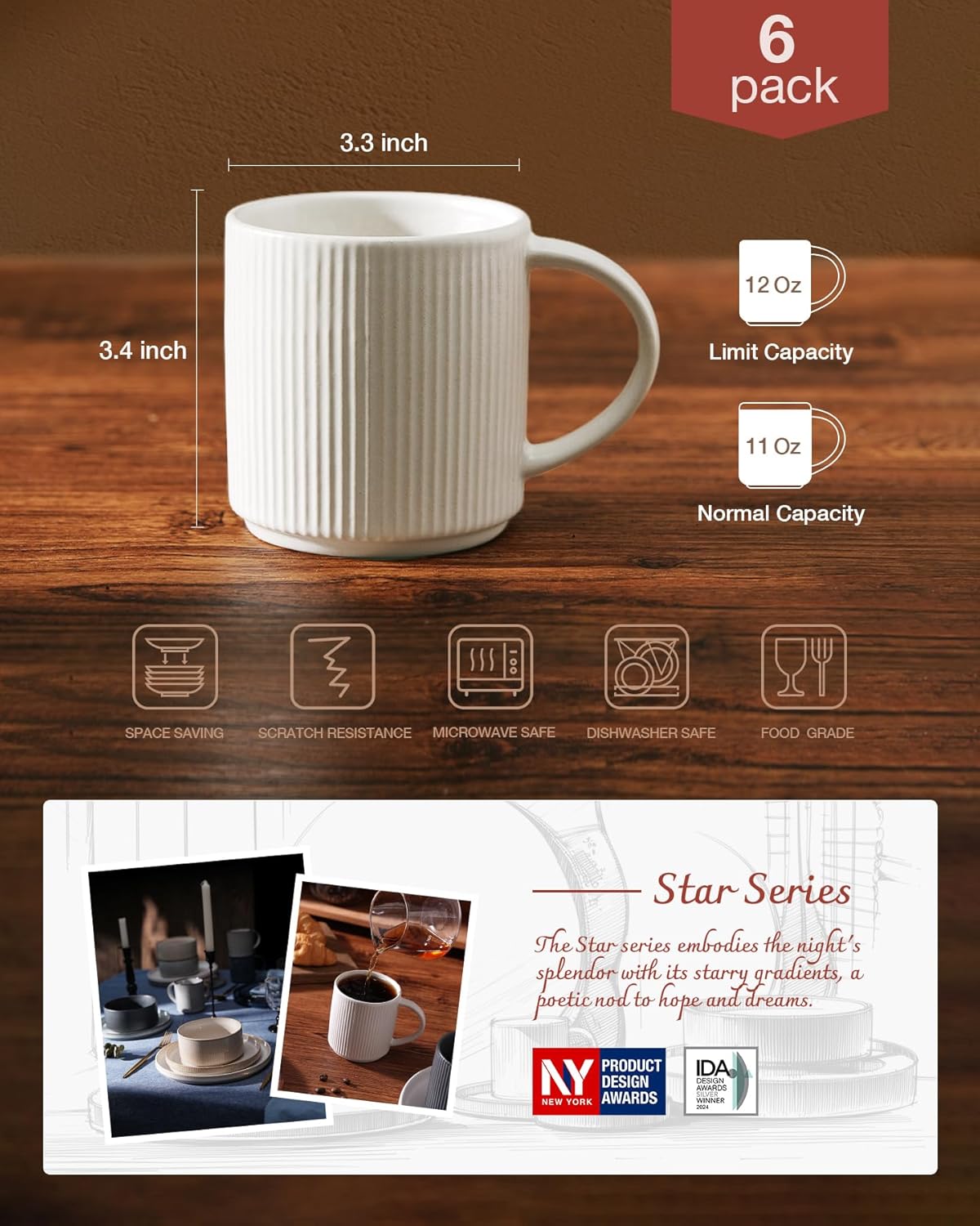 famiware Coffee Mug Set for 6, Star 12 oz Catering Mugs Cup Set with Handle for Coffee, Tea, Cocoa