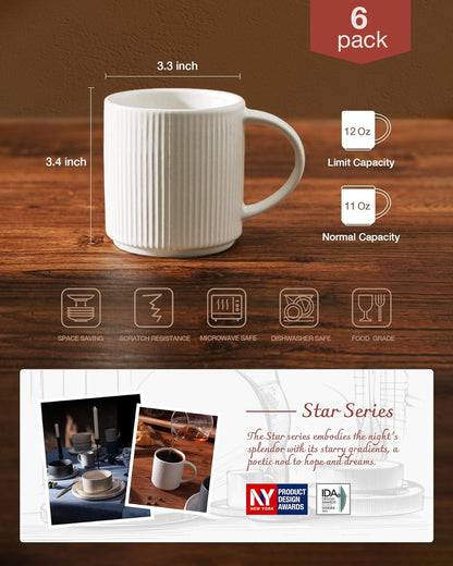 famiware Coffee Mug Set for 6, Star 12 oz Catering Mugs Cup Set with Handle for Coffee, Tea, Cocoa