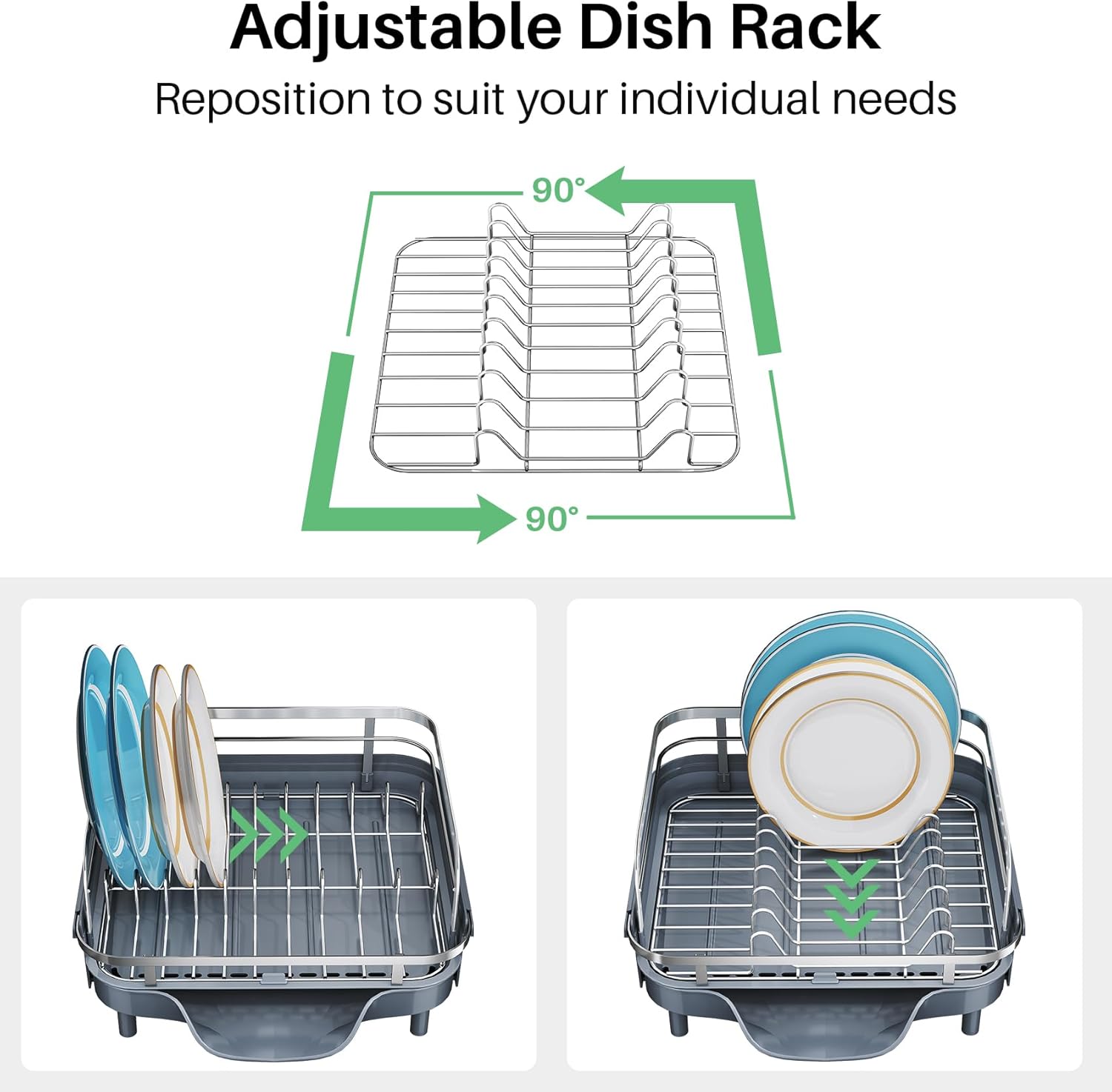 Dish Drying Rack, Expandable Dish Rack for Kitchen Counter, Stainless Steel Dish Drainer with