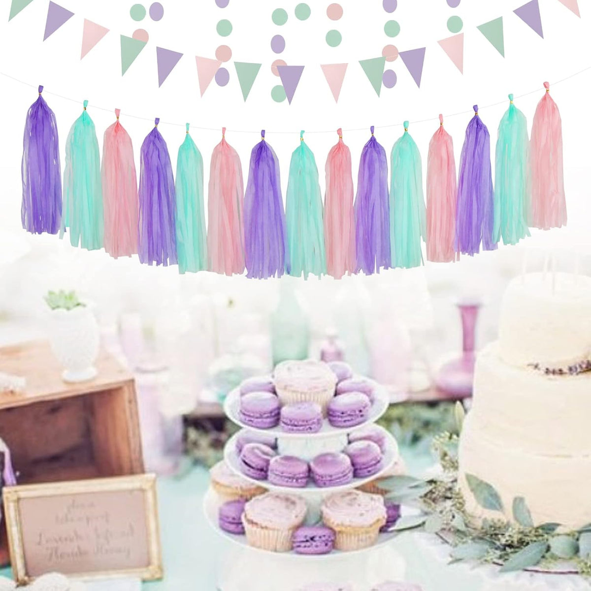 Pink-Purple Mint Mermaid Ocean-Themed Party-Decorations - 15pcs Tassel Garland Streamers Wedding