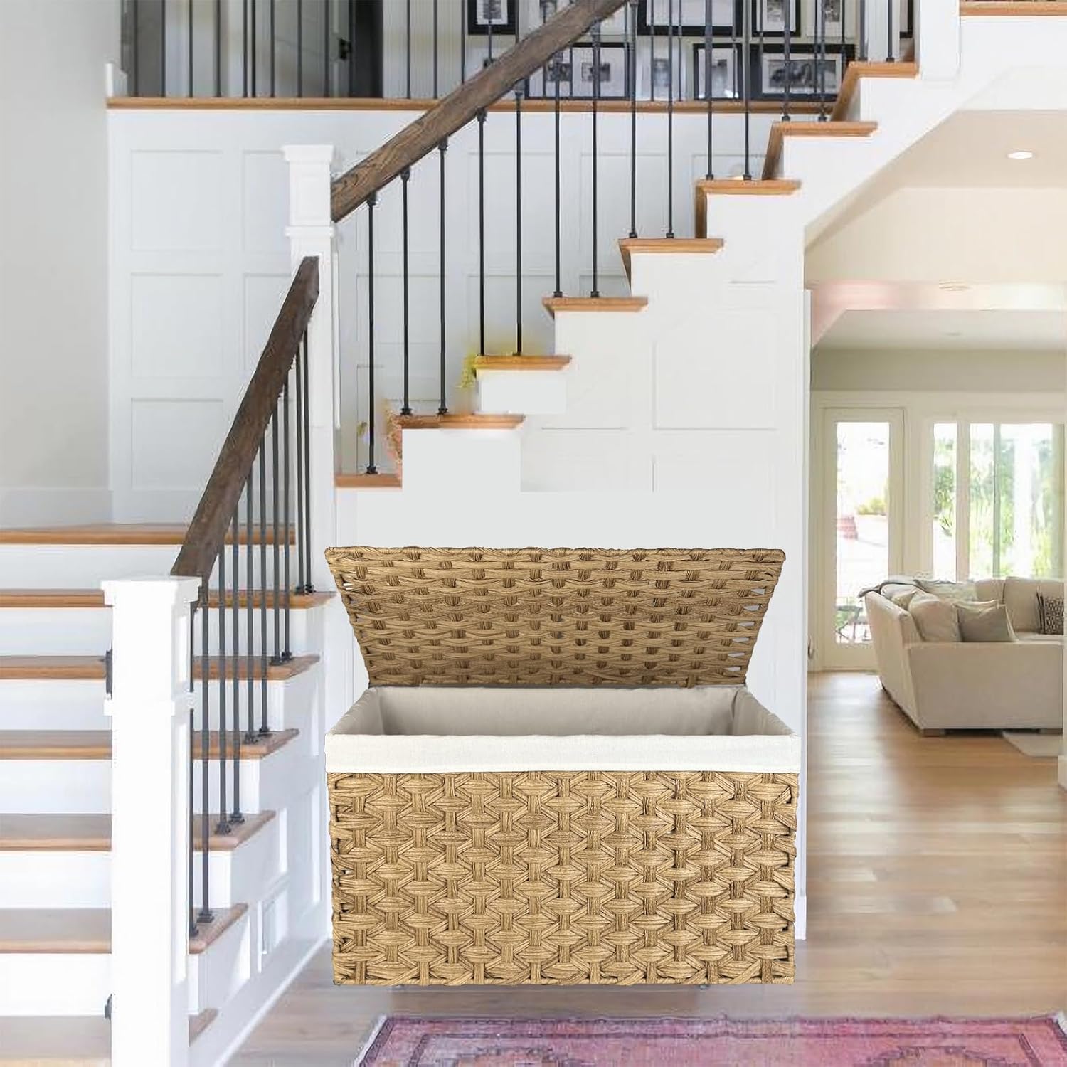 Wicker Storage Basket with Lid, 42.3 Gallon (160L) Large Blanket Basket with Lid, Woven Storage Bin