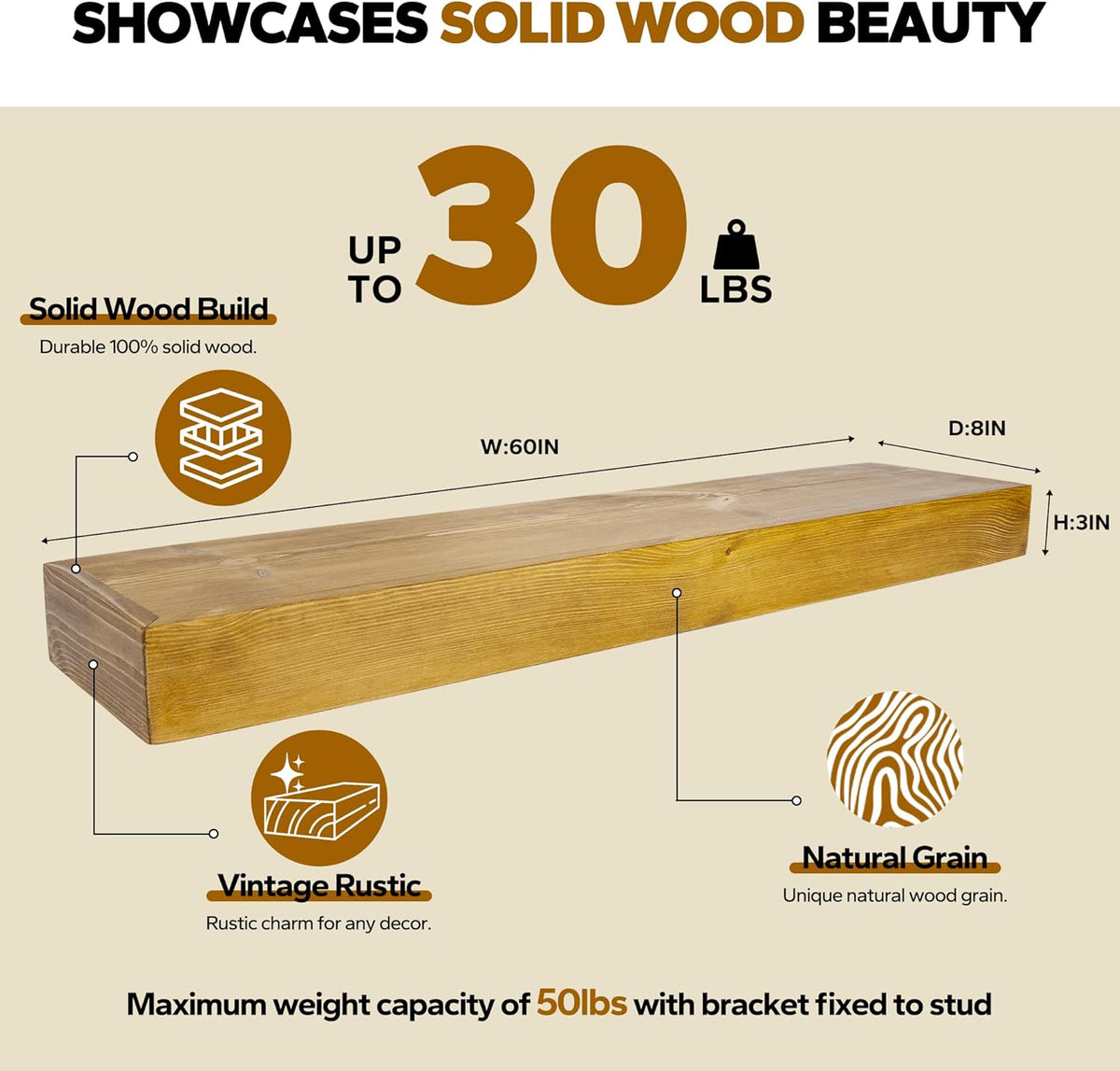 Floating Shelves 3 inch Thick for Wall Set of 2,Solid Pine Wood Wall Mount Shelf for Kitchen Living