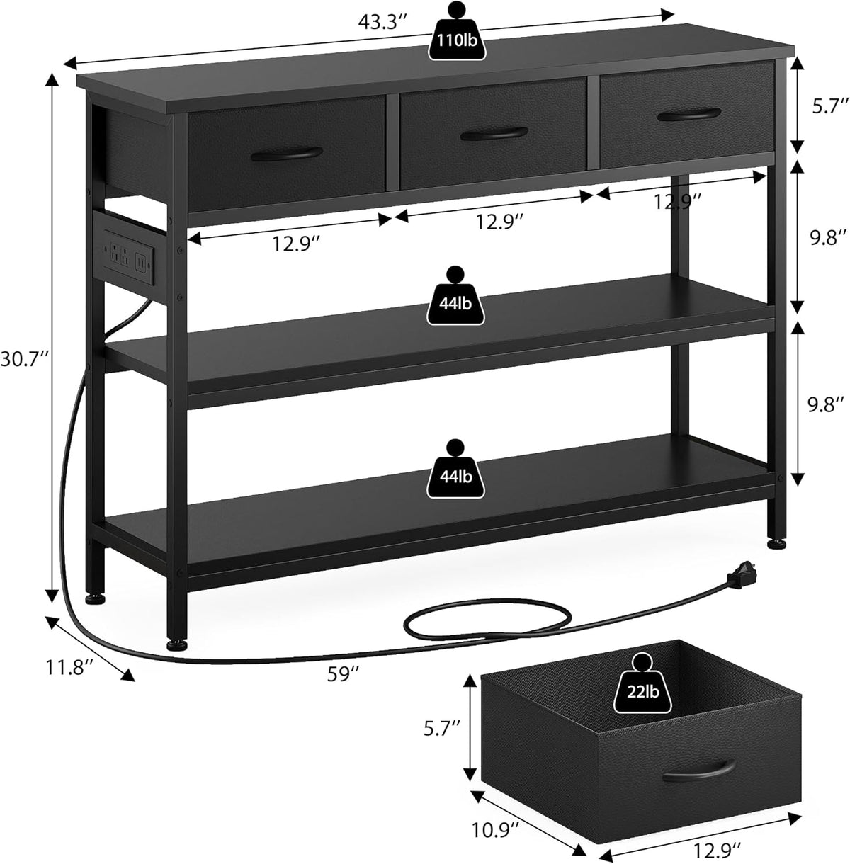 Lulive 2 Pack Entryway Table with Power Outlets, Console Table with 3 Fabric Drawers, Sofa Table