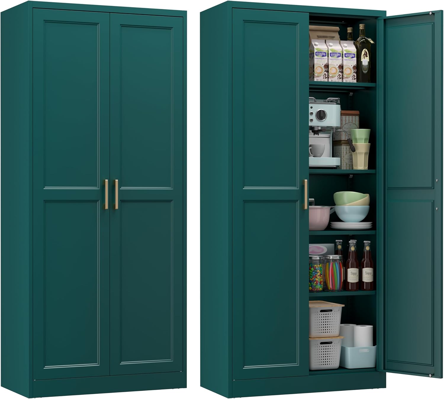 71" Metal Pantry Cabinet, Tall Kitchen Pantry Storage Cabinet with 4 Adjustable Shelves and Gold