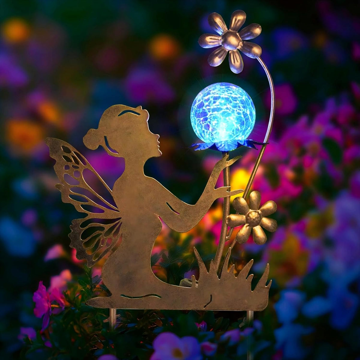 HONGLAND Solar Garden Lights Outdoor Decor, Fairy Figurine Moon Crackle Glass Lights Stake