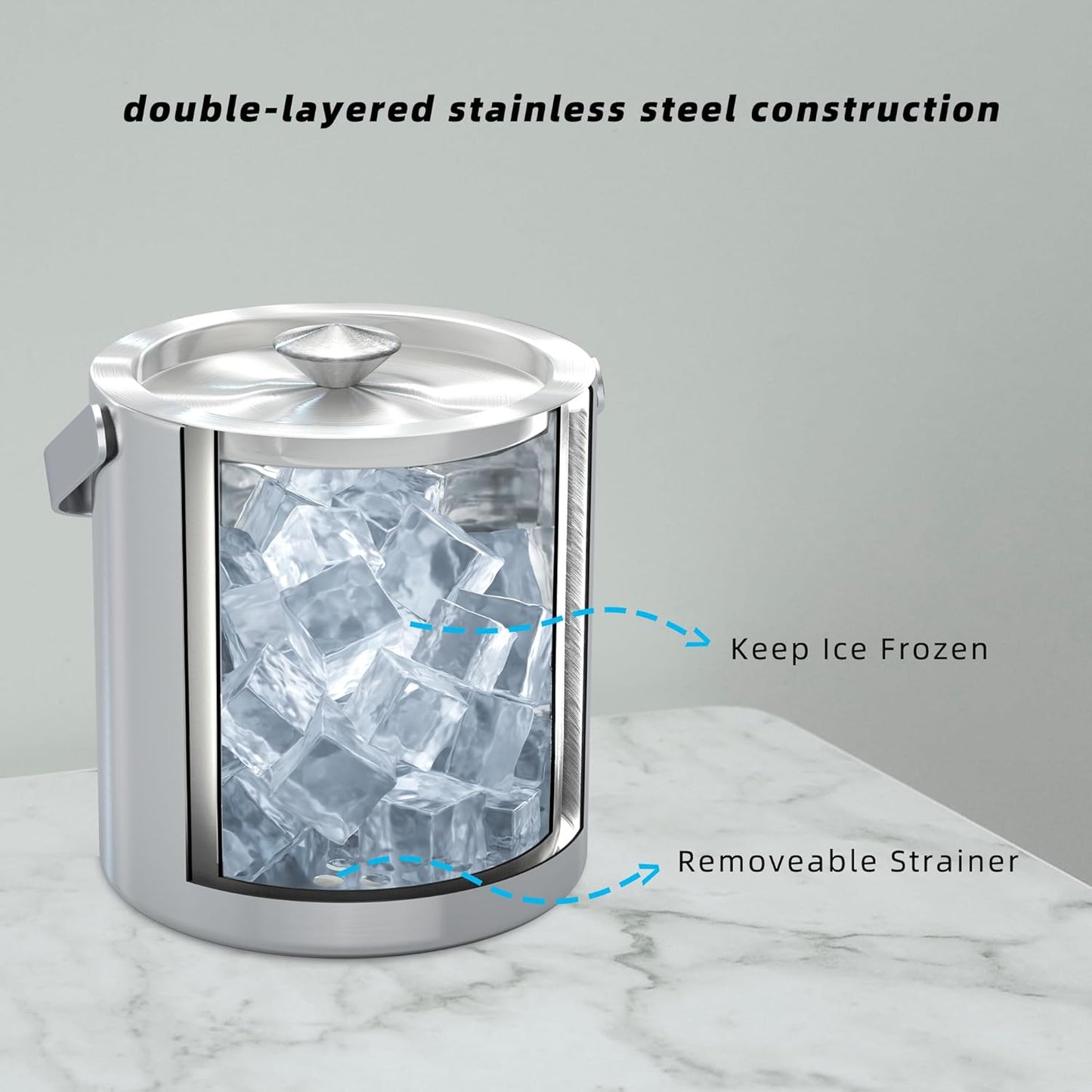 Small Ice Bucket with Lid and Tongs,1.3L Portable Mini Double Walled Ice Cube Bucket for Cocktail