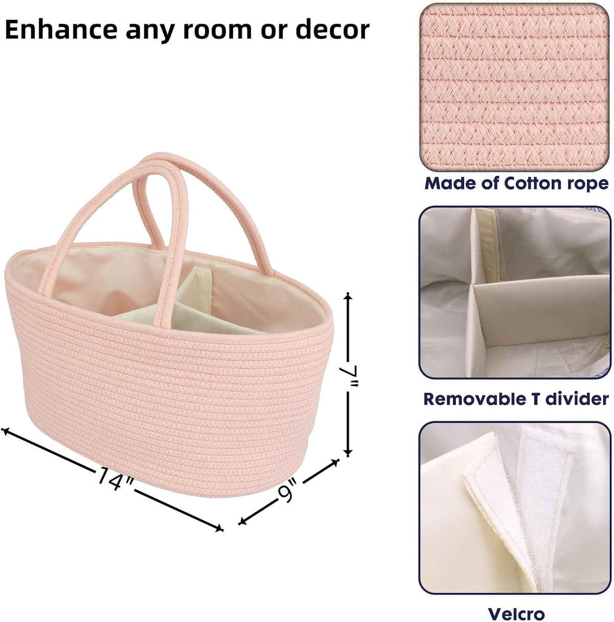 Diaper Caddy Organizer Cotton Rope Baby Basket Nursery Storage and Portable Tote Bag for Car Ideal