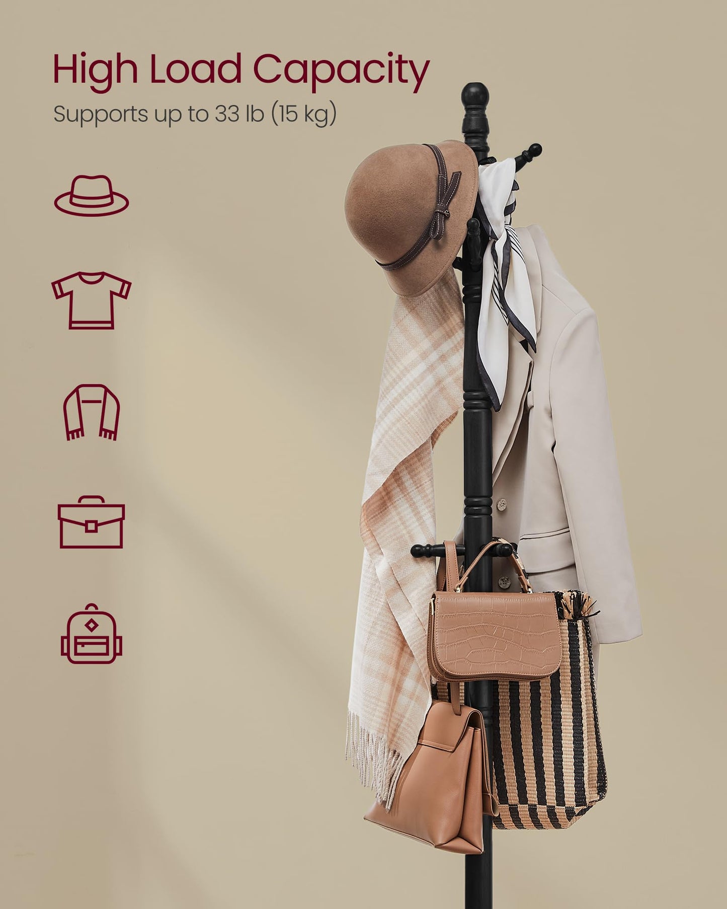 VASAGLE Solid Wood Coat Rack and Stand, Free Standing Hall Coat Tree with 10 Hooks for Hats, Bags