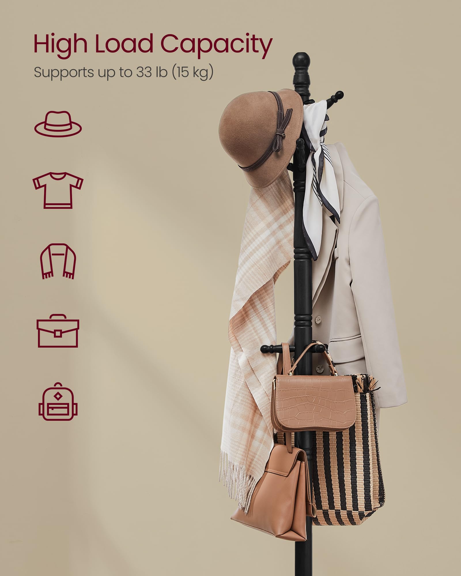 VASAGLE Solid Wood Coat Rack and Stand, Free Standing Hall Coat Tree with 10 Hooks for Hats, Bags