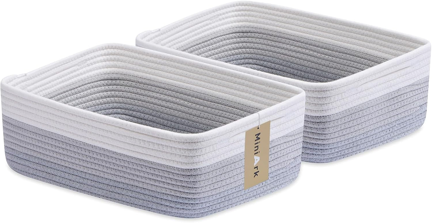 Large Shallow Organizing Baskets 15x11x5.1 Inches - Rope Woven Storage Bins for Bathroom, Shelves