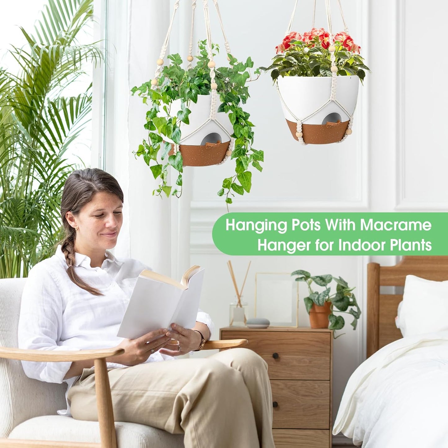 Hanging Planters for Indoor Outdoor Plants, 2 Pack Self Watering Hanging Pot with Drainage Holes