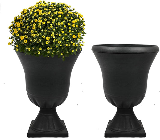 Worth Garden 2-Pack Plastic Urn Planters for Outdoor Plants, 22'' Black Tall Round Classic Resin