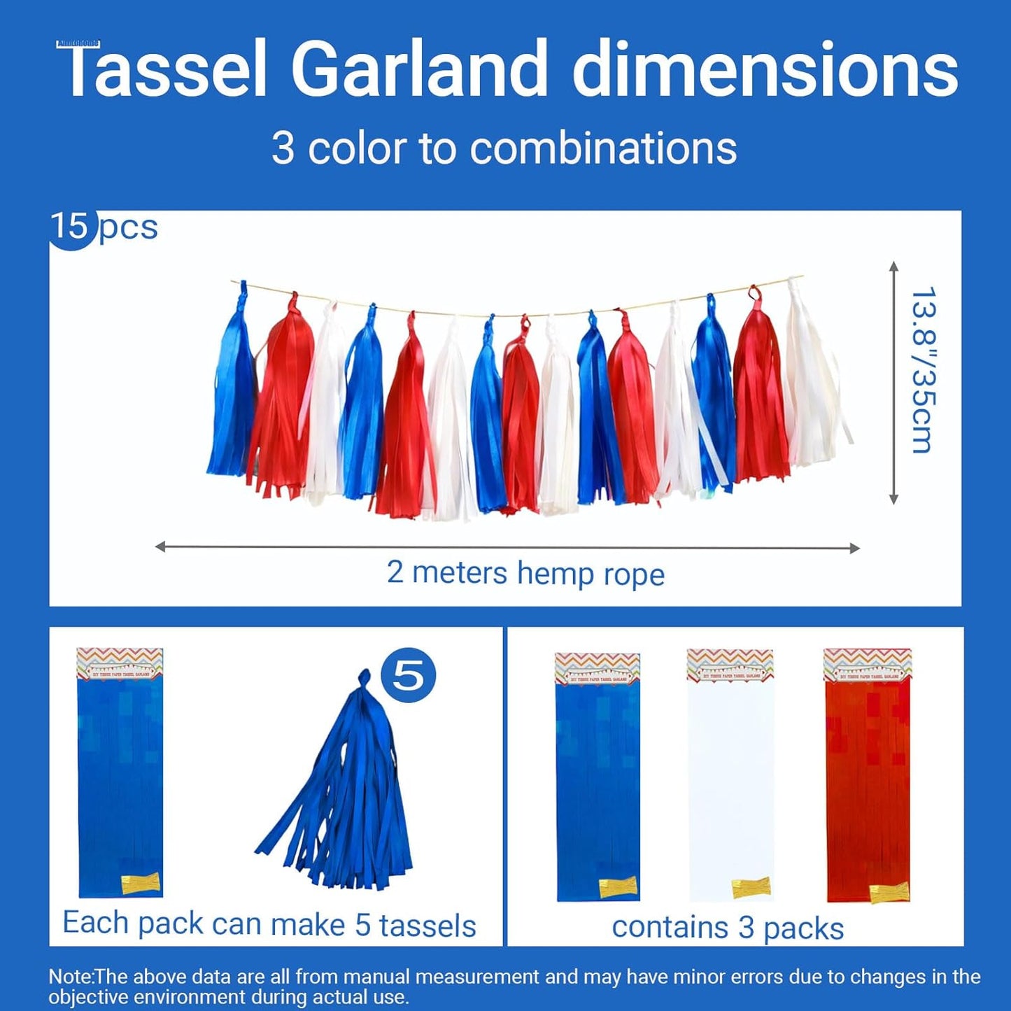 Red White Navy Paper Tassel, 15 Pack, Party Decorations for Birthday, Baby Shower, Sport