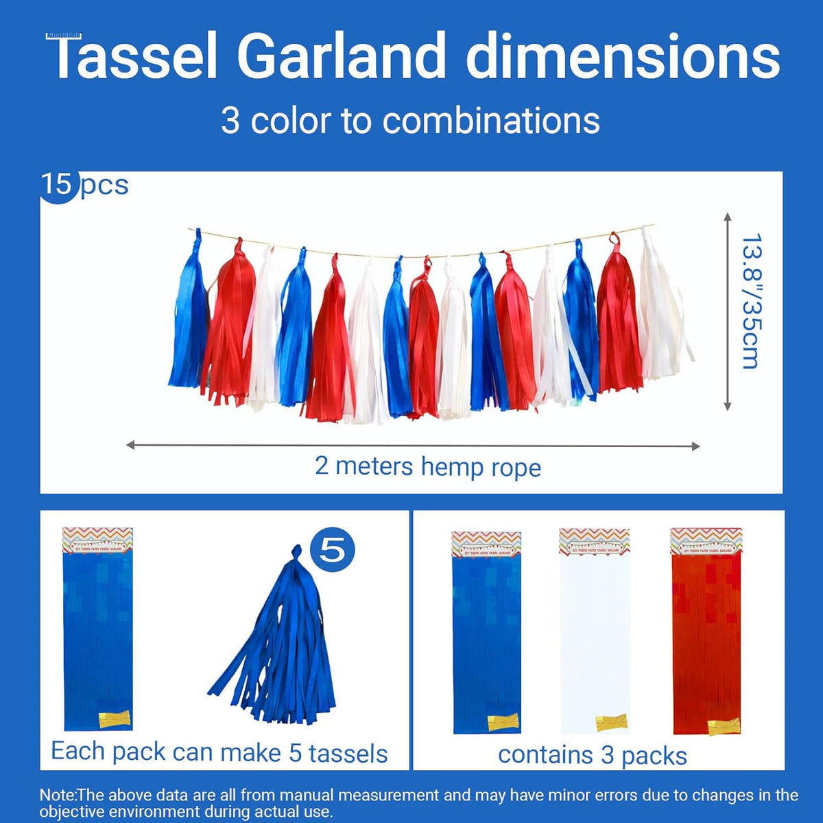 Red White Navy Paper Tassel, 15 Pack, Party Decorations for Birthday, Baby Shower, Sport