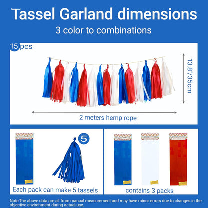 Red White Navy Paper Tassel, 15 Pack, Party Decorations for Birthday, Baby Shower, Sport