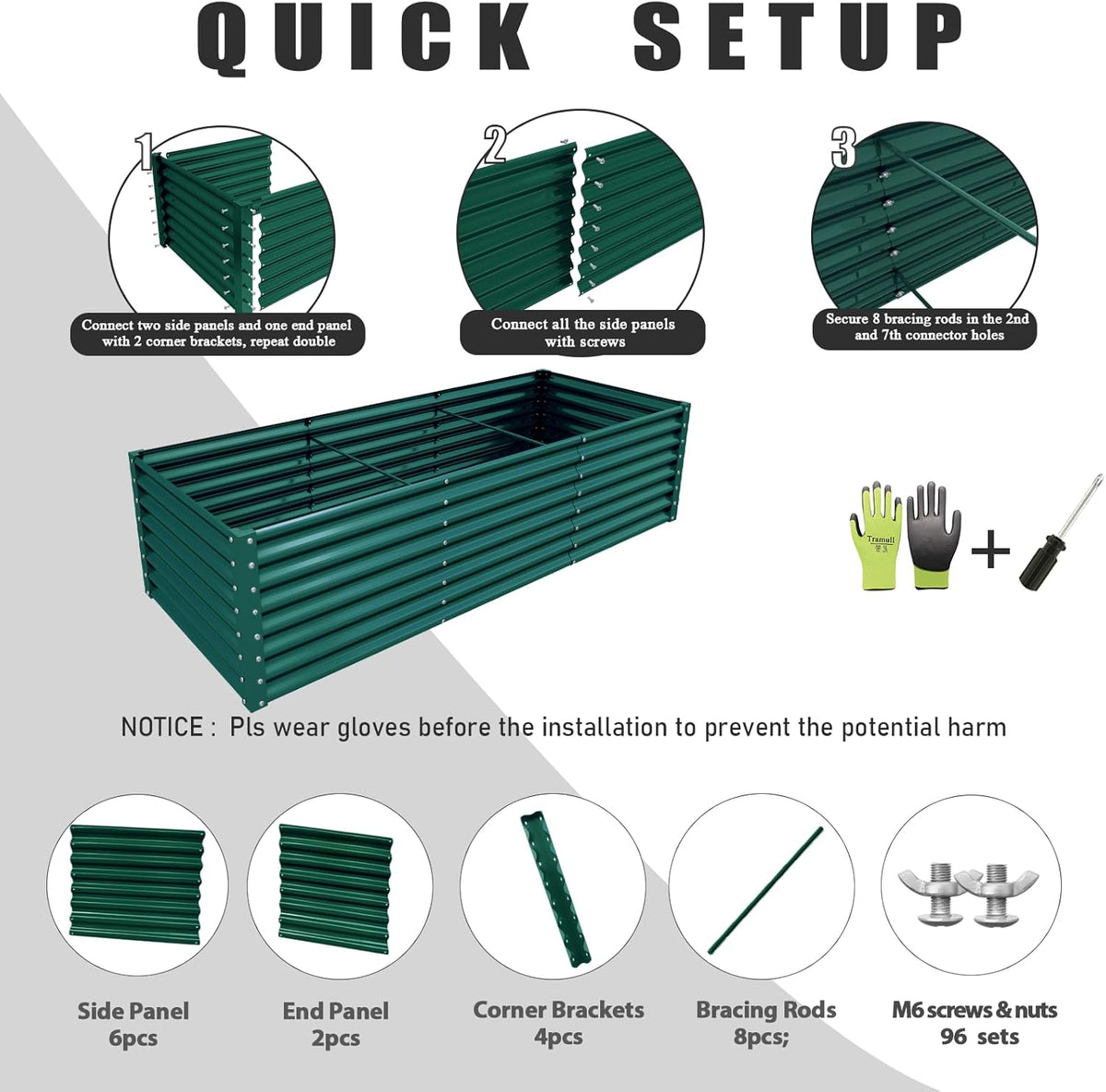 1 Pack 8x3x2FT Galvanized Raised Garden Bed Kit Retangular Metal Ground Planter Box Outdoor