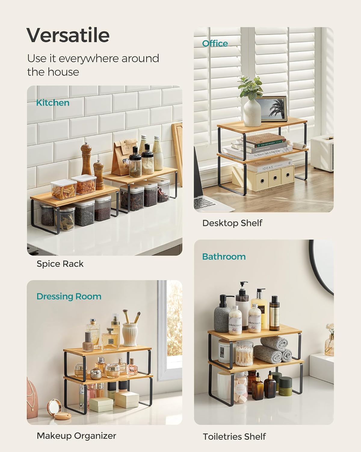 SONGMICS Cabinet Organizer Shelf, Set of 2 Kitchen Counter Shelves, Kitchen Storage, Spice Rack