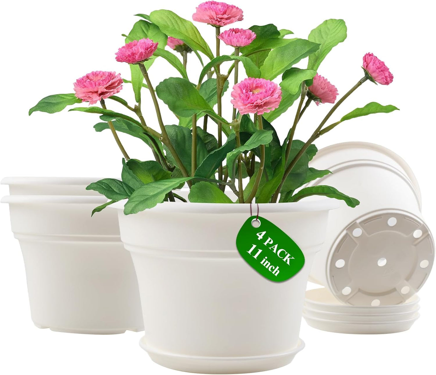 11 Inch Plastic-Flower-Pot-for-Indoor-Plants, 4 Pack Large Outdoor Planter Pot with Drainage Holes