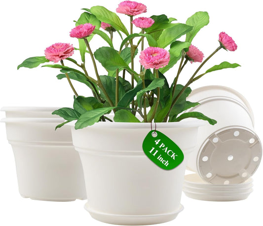 11 Inch Plastic-Flower-Pot-for-Indoor-Plants, 4 Pack Large Outdoor Planter Pot with Drainage Holes