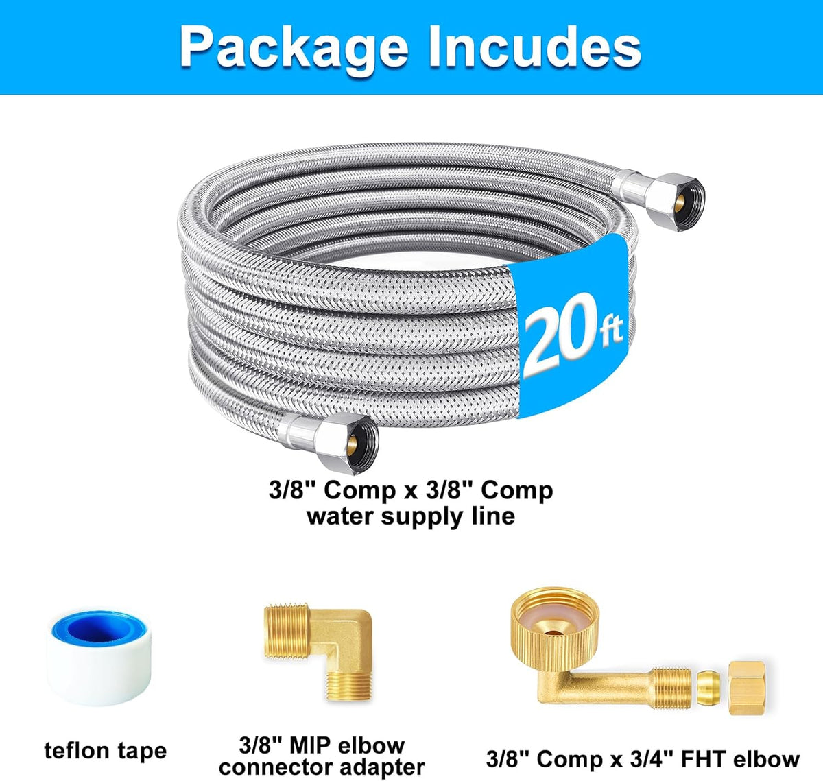 Dishwasher Installation Kit - 20 FT Premium Stainless Steel Braided Dishwasher Hose kit,Food Grade