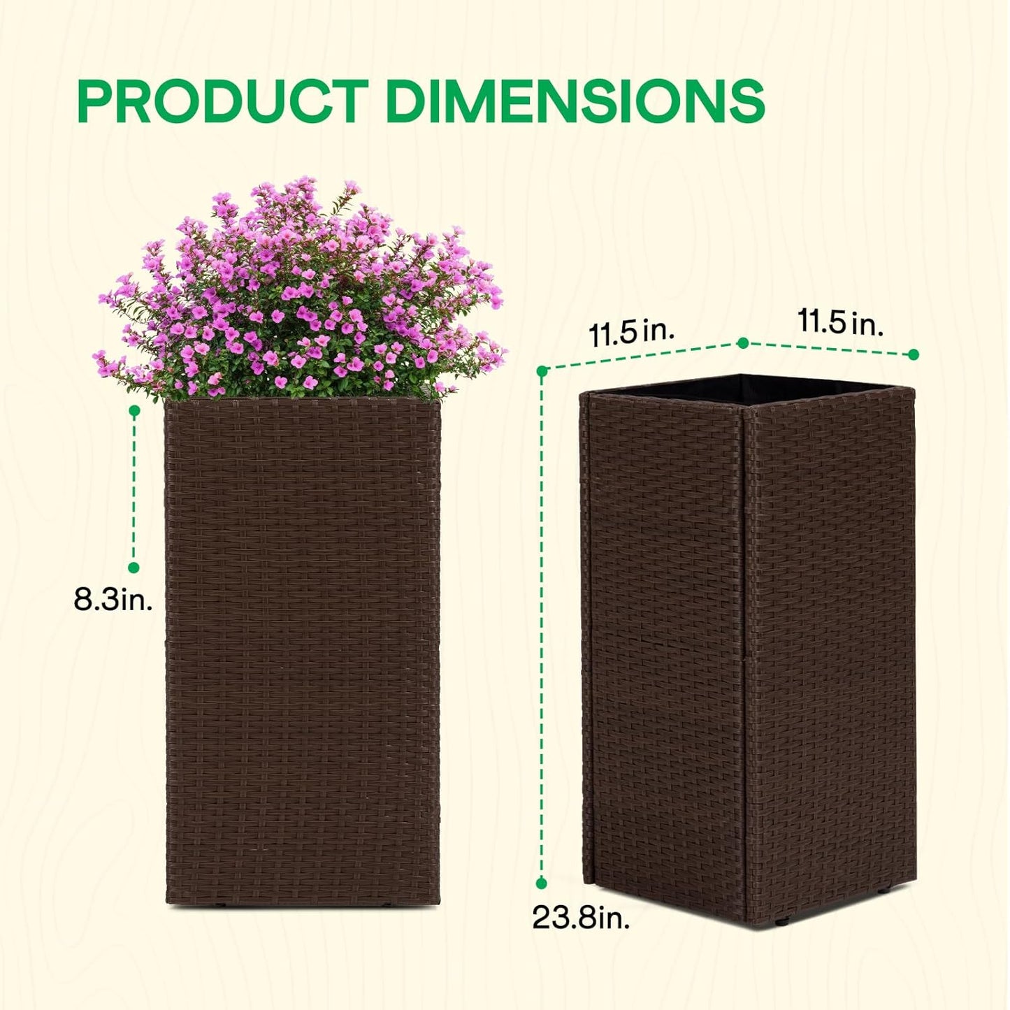 IDZO All-Weather Wicker Planters, Set of 2, 24 in Tall Wicker Planters, Self-Watering with