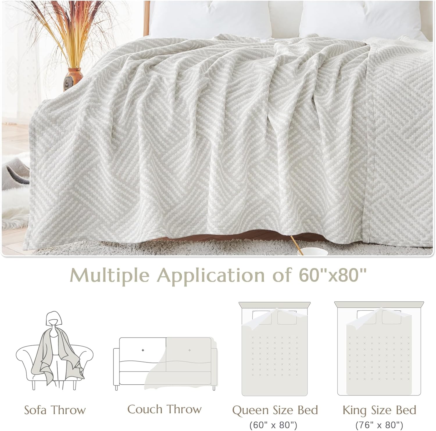 jinchan Boho 100% Cotton Blanket Muslin Twin Size 60x80 Inches Lightweight 3-Layer Geometric Square