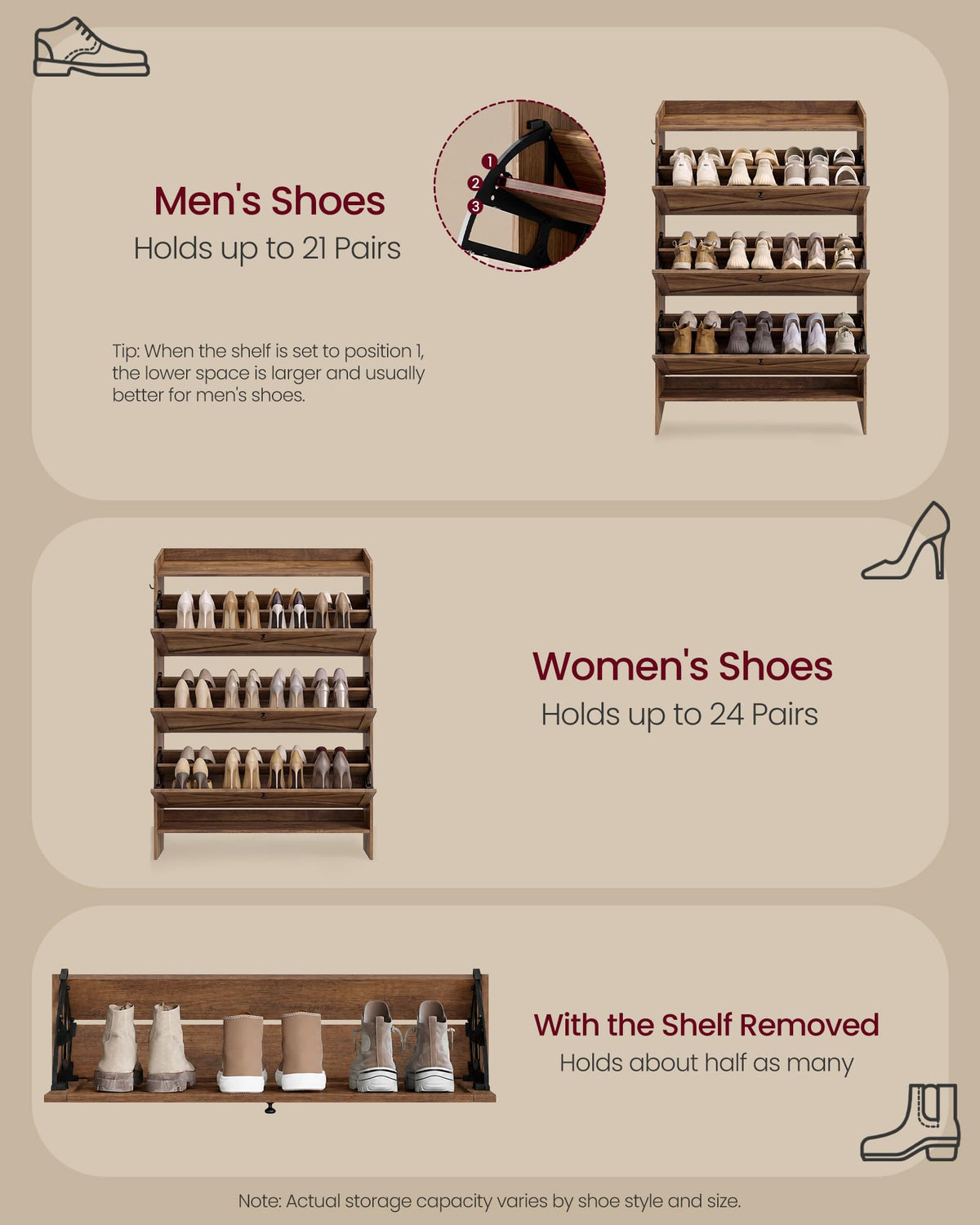 VASAGLE Shoe Storage Cabinet Organizer with 3 Flip Drawers, Freestanding Narrow Shoe Rack Cabinet