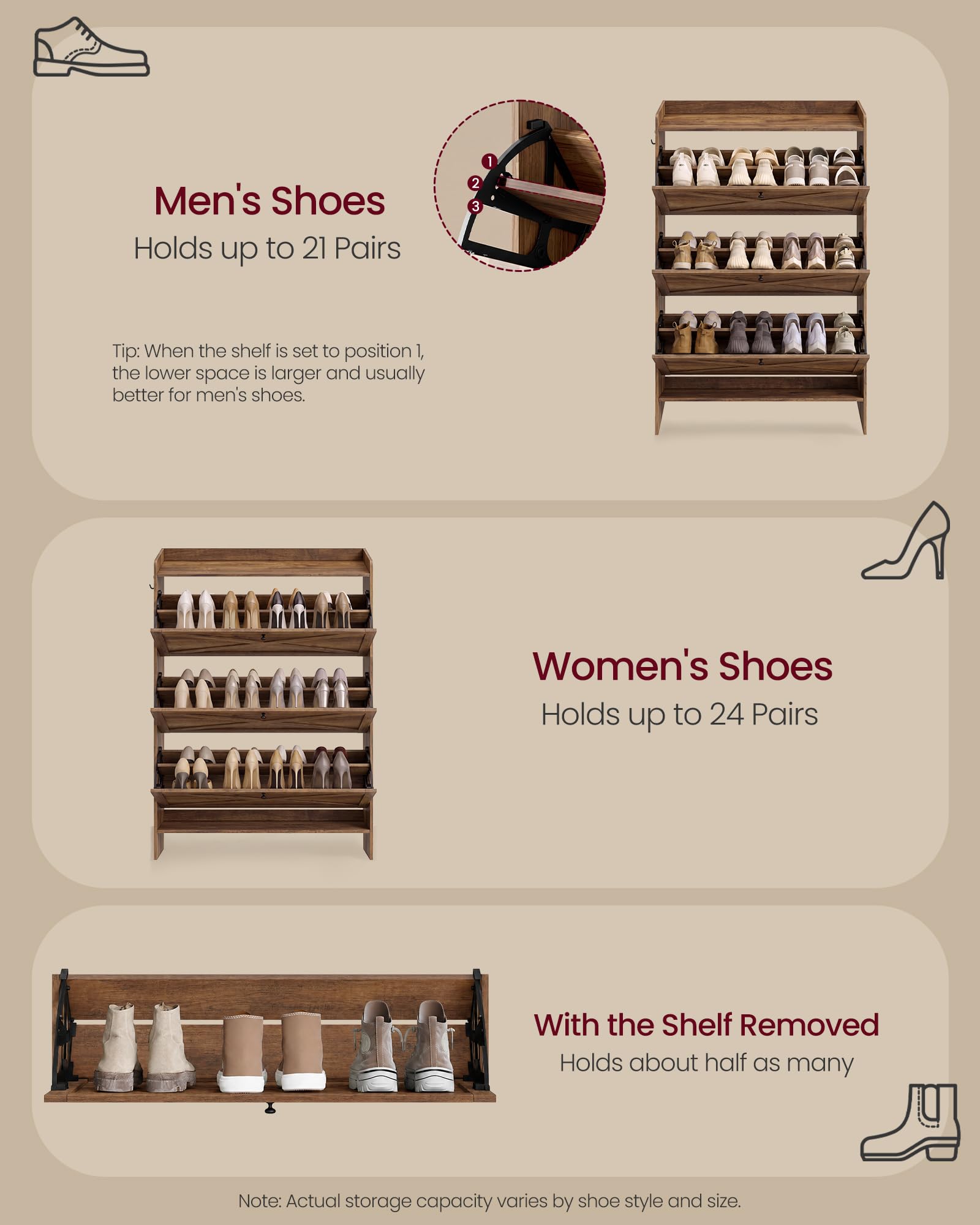 VASAGLE Shoe Storage Cabinet Organizer with 3 Flip Drawers, Freestanding Narrow Shoe Rack Cabinet