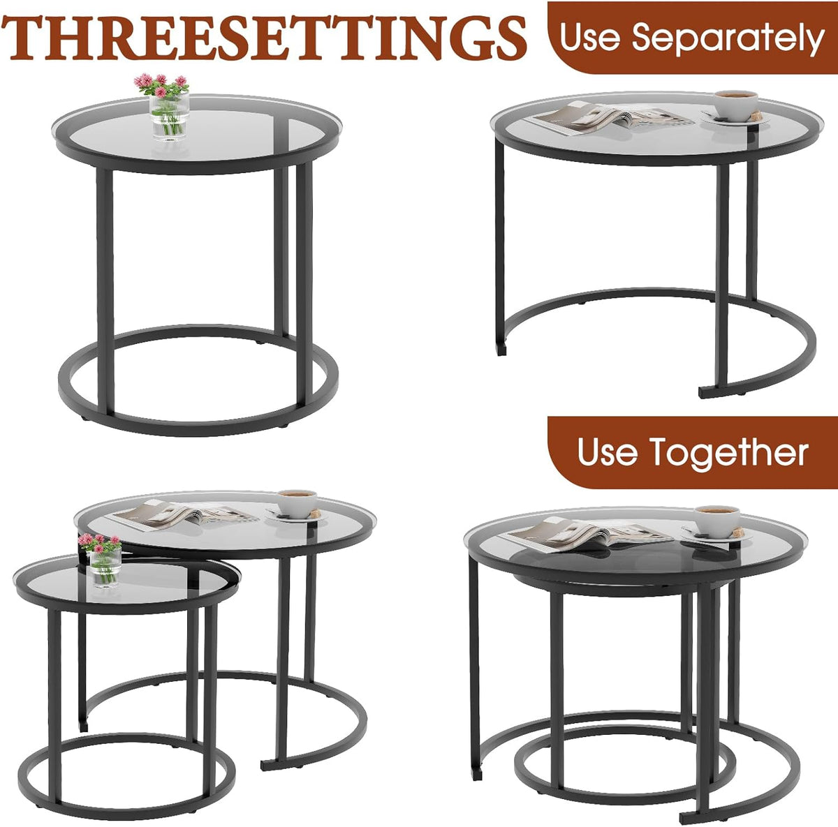 aboxoo Nesting Coffee Table Grey Glass Table Set of 2, Small Round Glass Nesting Tables for Living