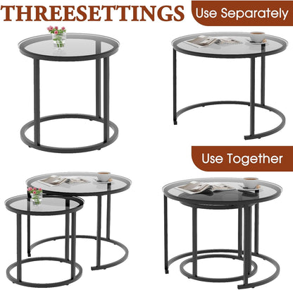 aboxoo Nesting Coffee Table Grey Glass Table Set of 2, Small Round Glass Nesting Tables for Living