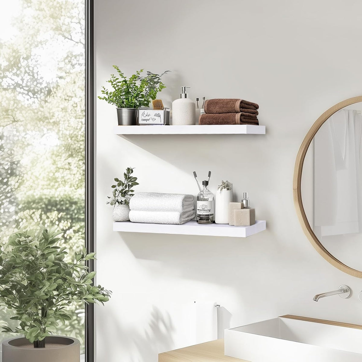 Floating Wall Shelves - 16"x6.8"x1.2" Sturdy Rustic White Solid Wood Shelves for Storage and Décor