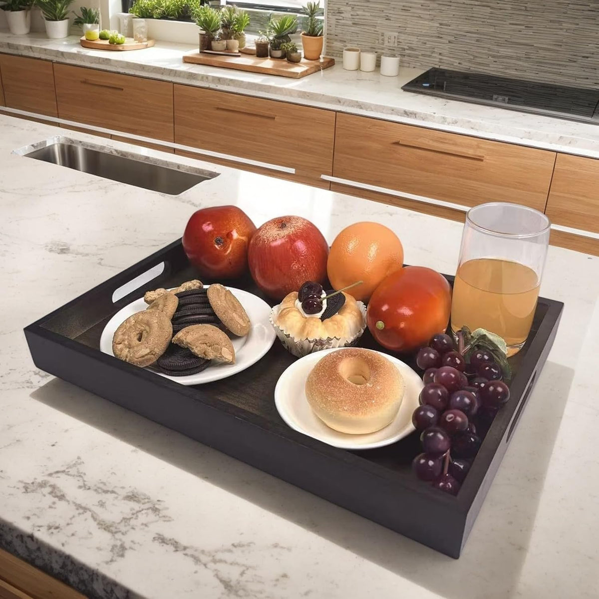 Large Bamboo Wooden Tray with Handles, Rectangular Natural Solid Wood, Black Walnut Color Serving