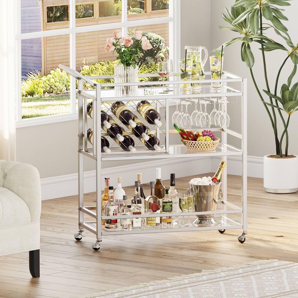 FATORRI Bar Cart Silver, Bar Carts for The Home, Home Bar Serving Carts for Liquor, Rolling Wine