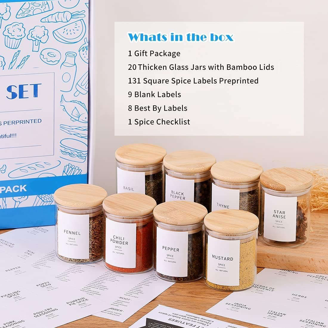 Glass Spice Jars with Bamboo Lids - 20 Pcs Thicken(2.4mm) 6oz Airtight Seasoning Containers with