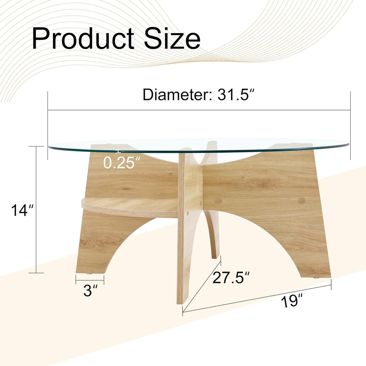 31.5" Round Glass Coffee Table with Tempered Glass Top and MDF Base, Diagonal Fan-Shaped Tray