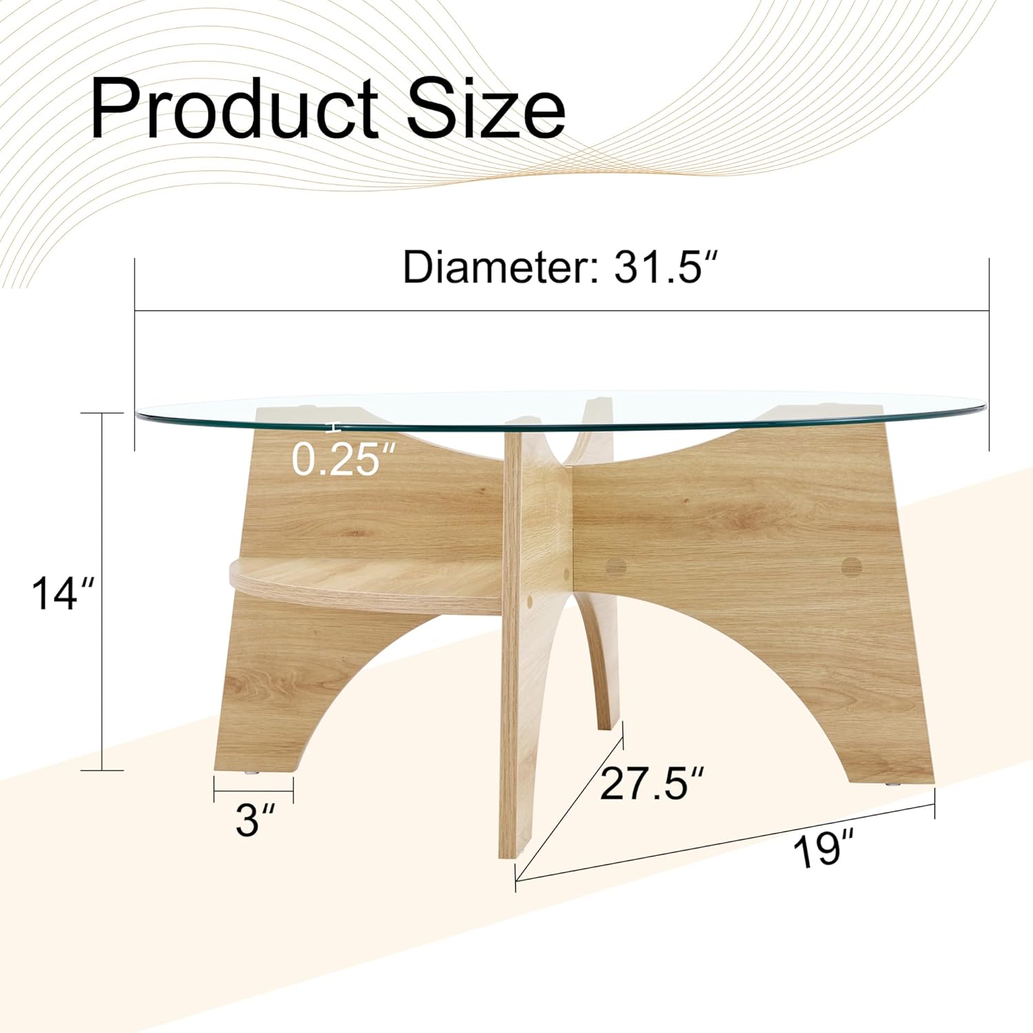 31.5" Round Glass Coffee Table with Tempered Glass Top and MDF Base, Diagonal Fan-Shaped Tray