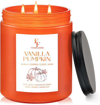 Large Fall Candle Vanilla Pumpkin Scented, 3-Wick 22oz Long Lasting Scented Candle, Natural Soy Wax