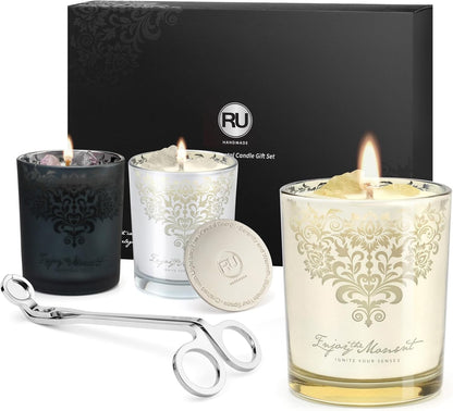 Luxury Scented Candles Gift Set ??3 Crystal Soy & Beeswax Aromatherapy Candle with Snuffer Lid &