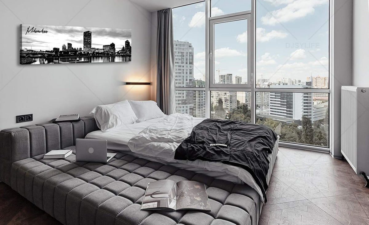 DJSYLIFE Milwaukee Skyline Wall Art Black and White Stretched Canvas Wall Art Prints for Bedroom or